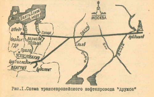 A rough sketch of the original Druzhba pipeline network as developed in the early 1960s. The network would be significantly extended the following decade. Urlov, A. V. Transevropeskii nefteprovod &lsquo;Druzhba&rsquo;: Iz opyta stroiltelstva uchastka Brody-Uzhgorod. Moscow: VIINST Glavgaz, 1962